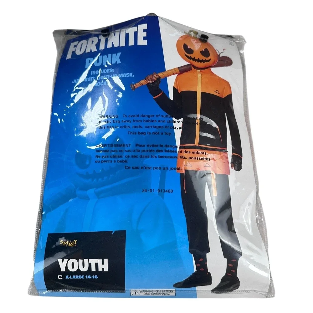 Fortnite Punk Jack O Lantern Costume Youth XL 14-16 Jumpsuit Mask Socks Light Up - Picture 2 of 9